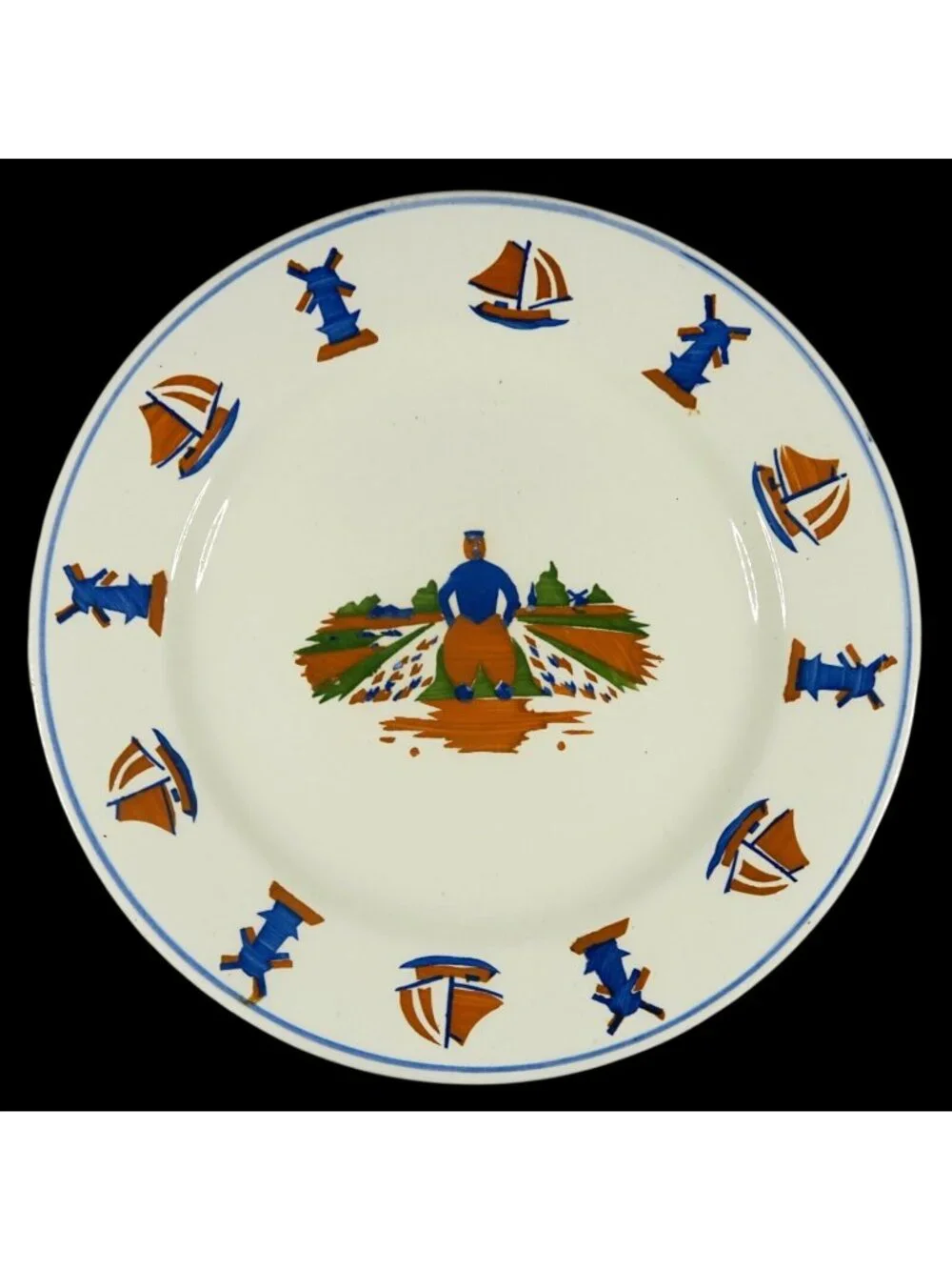 Schramberg Majolica Plate, Windmills & Sailboats, Hand Painted Germany 1920s